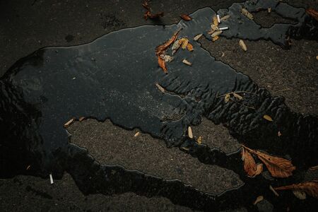 Wet asphalt covered with puddles of water reflecting the sky.の写真素材