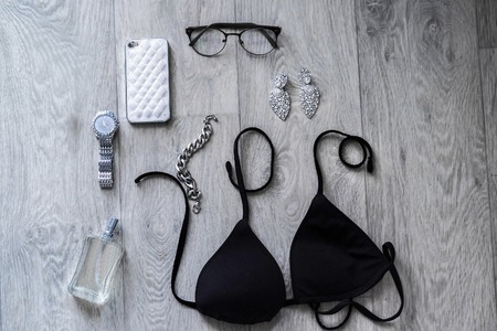 Still life of fashion woman. Overhead of essentials fashion woman objectsの写真素材