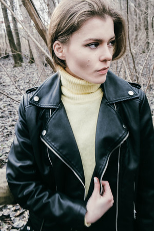 portrait of the blonde girl in the woodsの写真素材