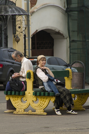 Ribinsk, Russia - july 27, 2016: Aged people are waiting for a bus on the busstopのeditorial素材