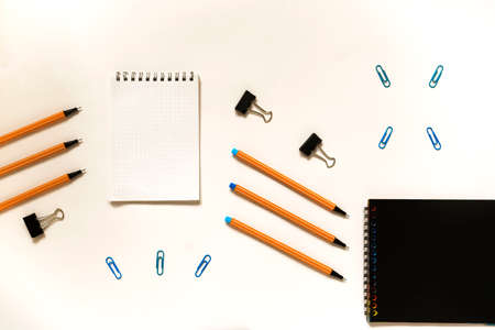 Flatlay with office supplies on a white background.の写真素材
