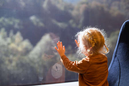 Little girl watching window while travelling by train. Public transportationの写真素材