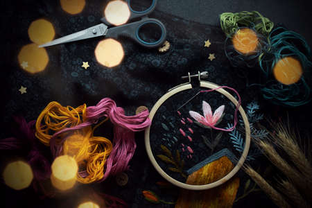 Dark flat lay with embroidery. Craft, handmade, hobbyの写真素材