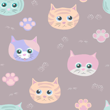 Vector seamless pattern with multicolored muzzles and paws of cats on pink background.のイラスト素材