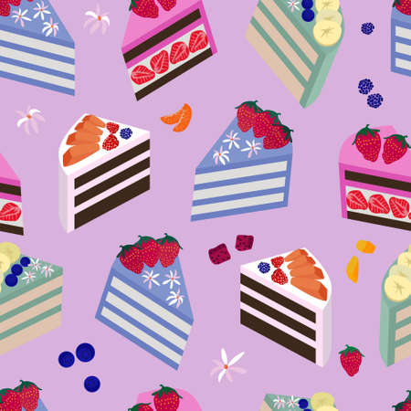 Vector pieces of multicolored puff cakes decorated with berries and pieces of fruit. Seamless pattern. Ideal for menu, cover, fabric, packaging, wrapping paper, brochures, posters.のイラスト素材