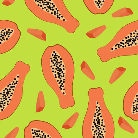 Papaya seamless pattern on green background. Colorful vector illustration for cover, wrapping paper, packaging, tropical wallpaper, fabric.のイラスト素材