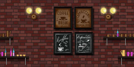Red brick coffee bar wall with shelves, lamps and retro posters. Seamless vector pattern.のイラスト素材