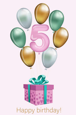 Happy 5th birthday party celebration purple balloon. Elegant greeting card with gold and green balloons and gift box.のイラスト素材