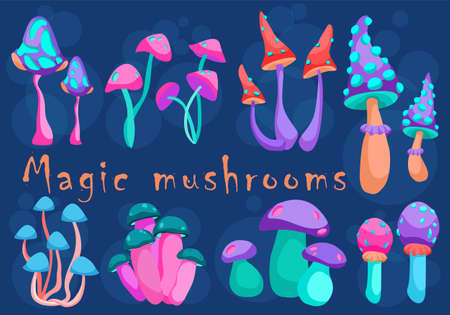 Set of fantasy neon mushrooms on blue background. Cartoon magic mushrooms. Vector colorful illustration.のイラスト素材