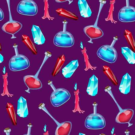 Vector seamless pattern with red and turquoise bottles with potion, candles, crystals isolated on lilac background. Cartoon elements for witchcraft.のイラスト素材