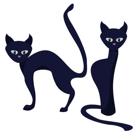 Black witch cats isolated on white background. Vector illustration. Cartoon sitting cat and curved cat.のイラスト素材