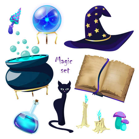 Magic set with fortune telling ball, black cat, spell book, mushrooms, cauldron of potion, candles, hat isolated on white background. Vector cartoon items for the witch.のイラスト素材