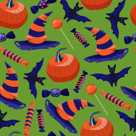 Pumpkin, striped witch hat, bat, Halloween sweets isolated on green background. Seamless vector pattern. Blue and orange candies, lollipops, chewing gum.のイラスト素材