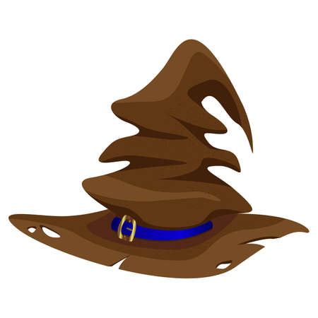 Vector brown flattened hole witch hat with blue belt and gold hardware isolated on white background.のイラスト素材