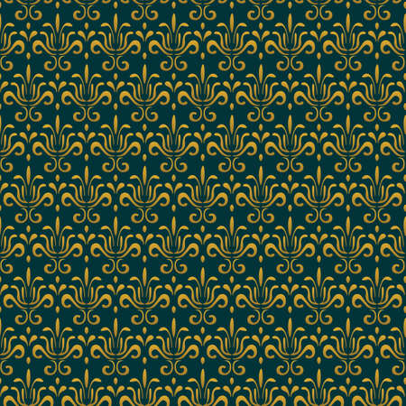 Vector vintage floral seamless pattern with golden elements on dark green background.のイラスト素材