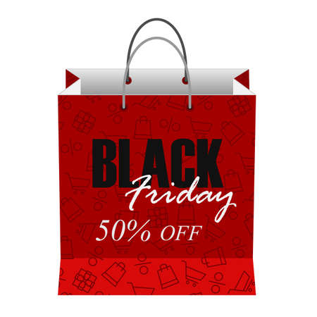Black friday banner template. Red paper bag with text isolated on white background. Vector illustration.のイラスト素材