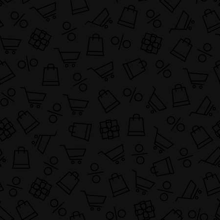 Vector seamless pattern with contour icons of gift, percent, grocery carts and shopping bag isolated on black background.のイラスト素材