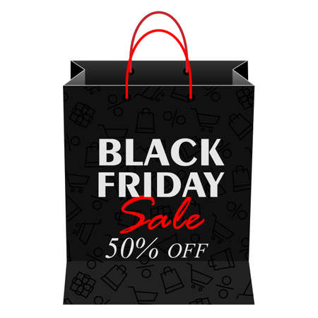 Black friday sale. Black shopping bag with text isolated on white background. Vector template for ad, poster, banner, leaflet, flier, brochure, promotion, web, advertising, social media, marketing.のイラスト素材