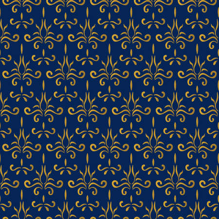 Vector seamless vintage pattern with golden floral elements on dark blue background.のイラスト素材