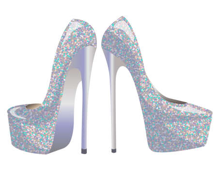 Vector women's pearlescent platform shoes and high heels with sequins isolated on white background.のイラスト素材