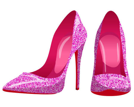 Vector women's pink pumps with sparkles isolated on white background. Shiny high heel shoes.のイラスト素材