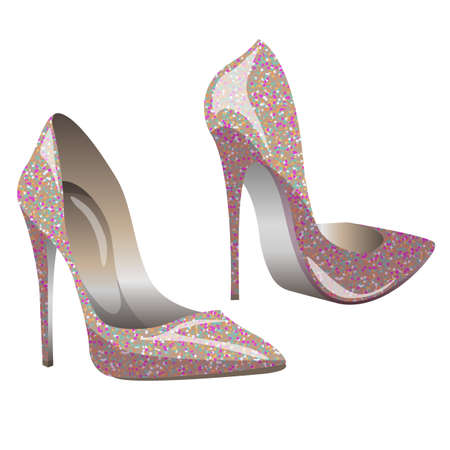 Vector female realistic pumps with sparkles isolated on white background. Shiny pearlescent high heel shoes.のイラスト素材
