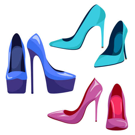 Vector set of cartoon blue, green and pink pumps. Patent leather high heel shoes isolated on white background.のイラスト素材