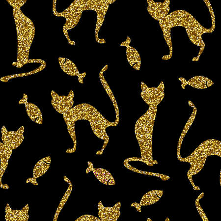Vector seamless pattern. Gold cats and small fishes isolated on black background.のイラスト素材