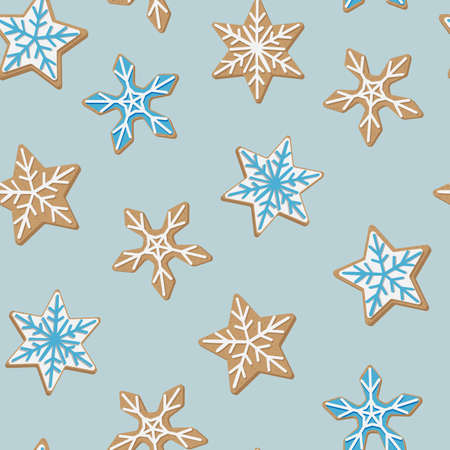 Cartoon Christmas cookies isolated on blue background. Different snowflakes. Seamless vector pattern.のイラスト素材