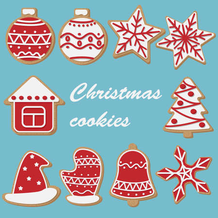 Vector set of cartoon Christmas cookies isolated on blue background.のイラスト素材