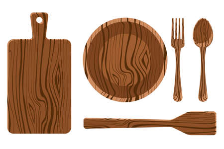 Vector set of wooden utensils. Top view slicing board, plate, spoon, fork, spatula isolated on white background.のイラスト素材