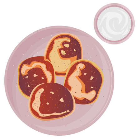 Top view of vector pancakes on pink ceramic plate and bowl with sour cream isolated on white background.のイラスト素材