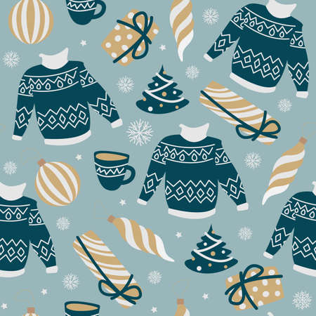 Vector seamless festive pattern. Flat gold and emerald sweater, mug, Christmas tree, gifts, toys, snowflakes isolated on light blue background.のイラスト素材