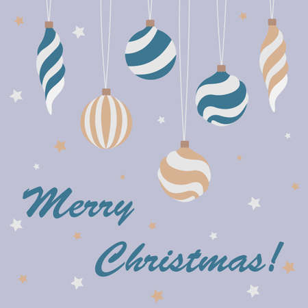 Vector greeting card in pastel colors. Flat gold, white, emerald hanging Christmas balls, stars and lettering isolated on gray blue background.のイラスト素材