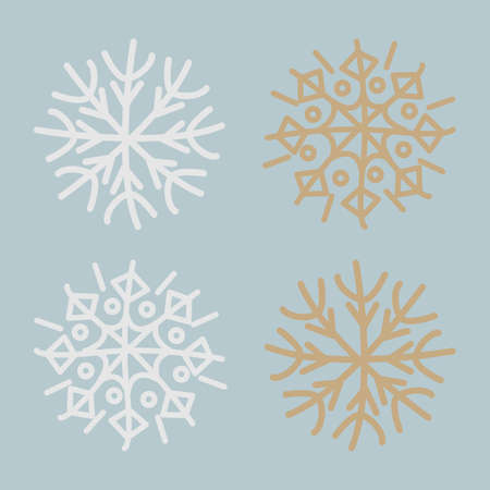 Vector set of white and gold snowflakes isolated on blue background.