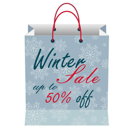 Winter sale banner template. Blue paper bag with red and dark emerald text isolated on white background. Vector illustration.のイラスト素材