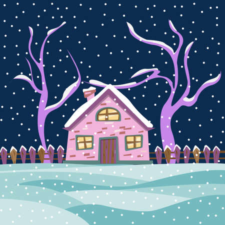 Vector colorful illustration of winter landscape. Pink brick country house with a snowy fence and trees against the background of the night sky. Template for Christmas greeting card, banner, poster.のイラスト素材