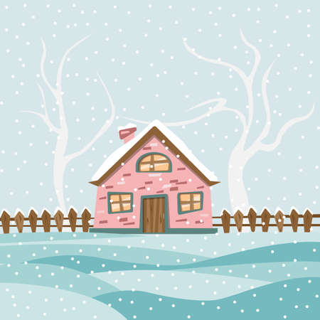 Vector colorful illustration of winter landscape. Pink brick country house with against the background of the blue sky. Template for Christmas greeting card, banner, poster. Pastel colors.のイラスト素材