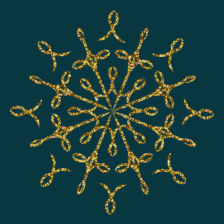 Vector golden glitter snowflake isolated on emerald background.のイラスト素材