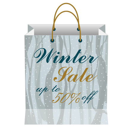 Winter sale banner template. Blue paper bag with text isolated on white background.のイラスト素材
