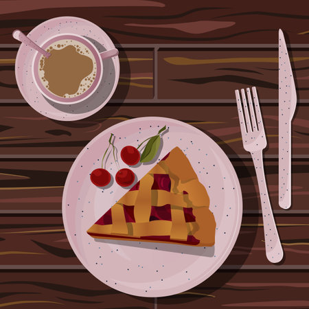 Vector illustration of breakfast, dessert. Cup of coffee on saucer, piece of cherry pie on pink ceramic plate isolated on wooden table.のイラスト素材