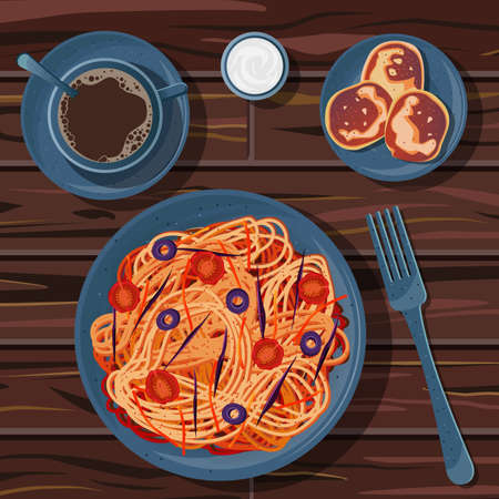 Vector illustration of lunch. Cup of coffee on saucer, pancakes, sour cream, pasta with sauce, tomatoes, olives, cabbage, spicy carrots and spices on ceramic blue plate isolated on wooden table.のイラスト素材