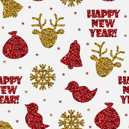 Vector seamless christmas pattern. Gold and red glitter deer, snowflake, bell, bird and inscription...