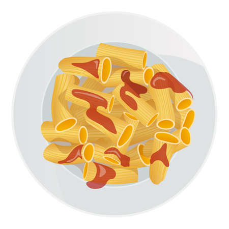 Rigatoni pasta poured with ketchup in plate isolated on white background. Vector illustration.のイラスト素材