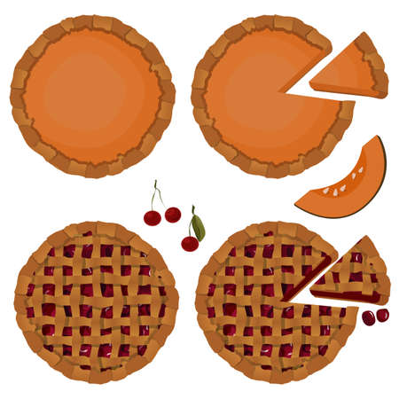 Vector set top view pumpkin and cherry pies isolated on white background.のイラスト素材