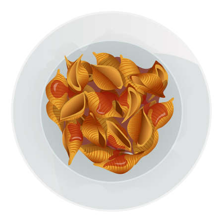 Conchiglie pasta in tomato sauce in plate isolated on white background. Vector realistic illustration.のイラスト素材