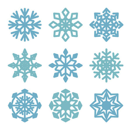 Vector festive set of blue snowflakes isolated on white background.