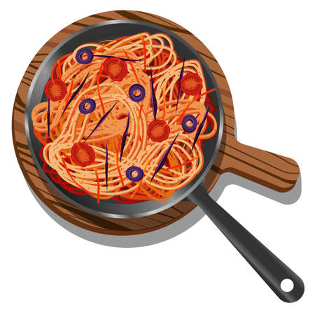 Vector illustration of top view of pasta with sauce, olives, tomatoes, carrots, purple cabbage and spices on frying pan and wooden board isolated on white background.のイラスト素材