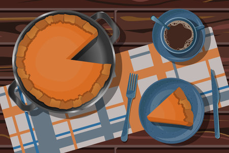 Vector illustration with whole pumpkin pie in frying pan and cut piece in blue plate, coffee in cup and saucer, fork, knife isolated on background with paper towel on wooden table.のイラスト素材