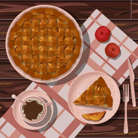 Vector illustration with whole apple pie and cut piece in coral plate, coffee in cup and saucer, fork, knife isolated on background with pink clove towel on wooden table.のイラスト素材